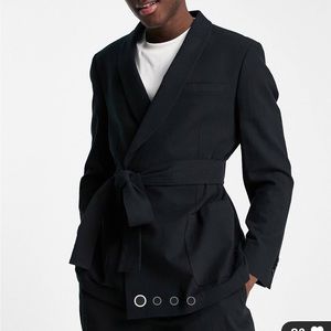 Topman wrap suit jacket in black crepe